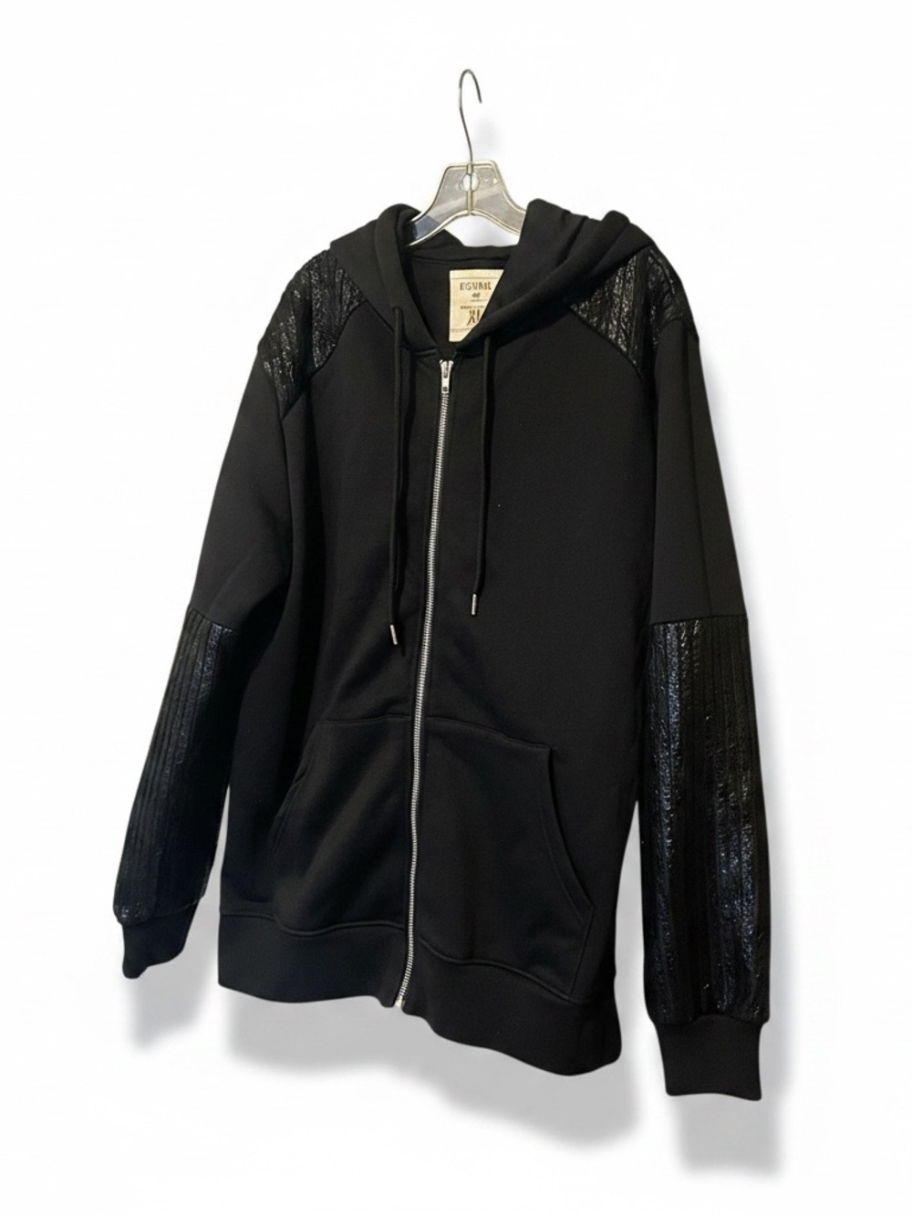 Men's Black Full-Zip Hoodie with Textured Faux Leather Panels